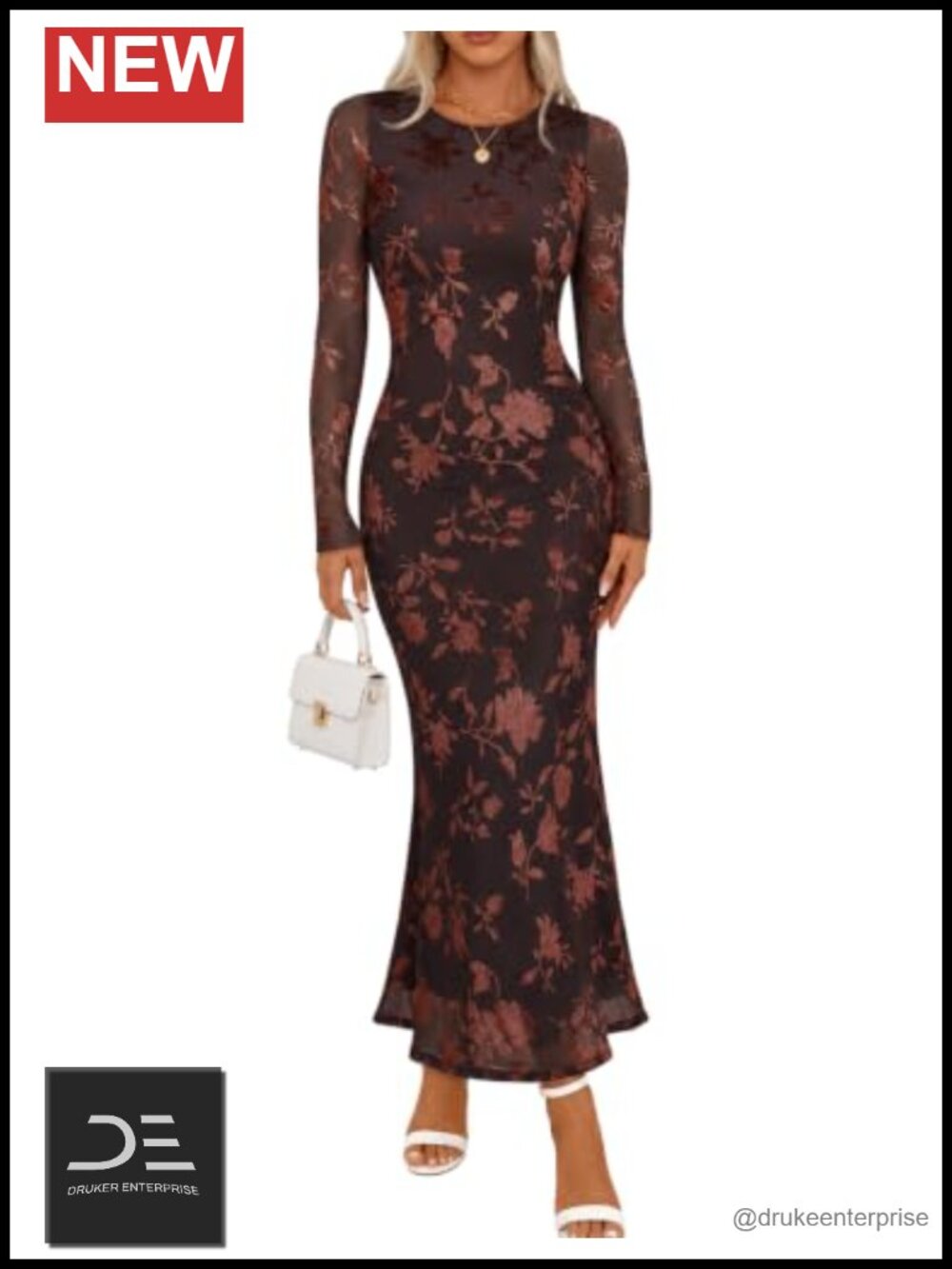 Womens Velvet Floral Maxi Dress Long Sleeve Bodycon Wedding Guest